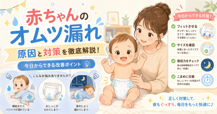 赤ちゃんのオムツ漏れの原因と対策｜背中・足回りの漏れを防ぐコツまとめ